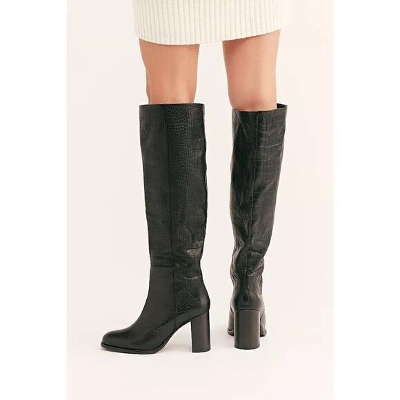 NEW FREE PEOPLE GRAYSON TALL BOOTS IN BLACK CROC LEATHER - Picture 4 of 5